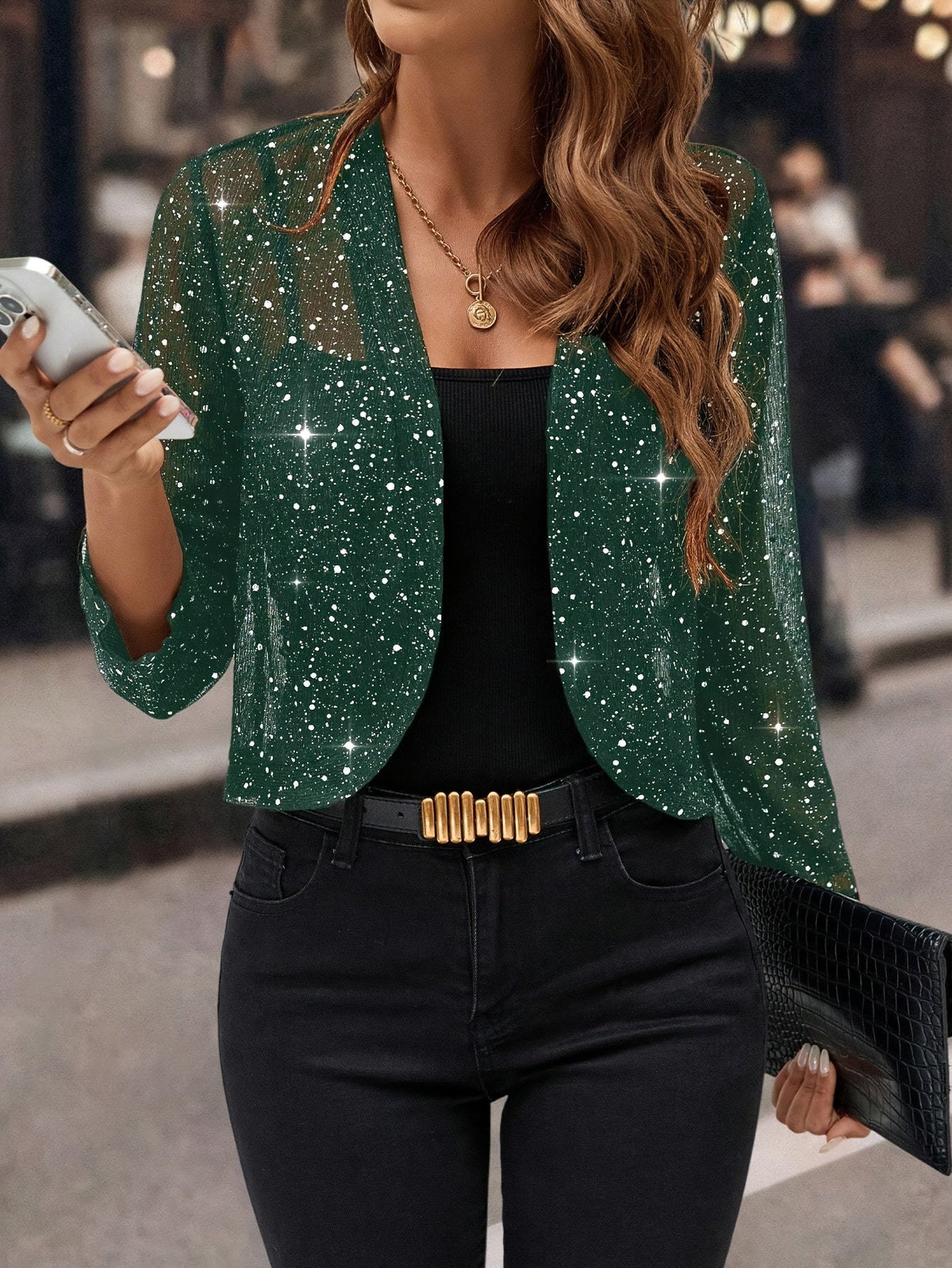 Women's Open-Front Cropped Jacket with Shimmer Finish