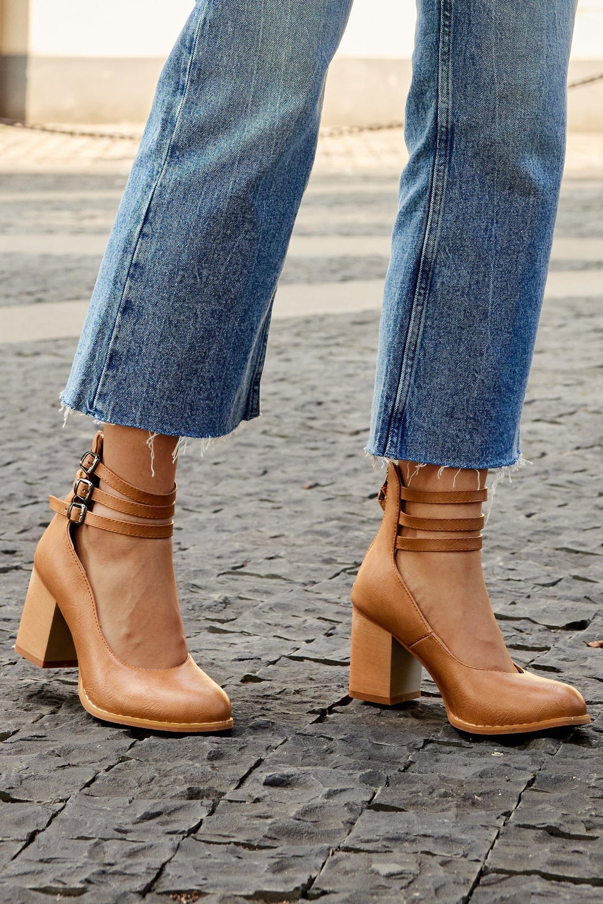 Women's Three-Strap Buckled Heeled Ankle Booties