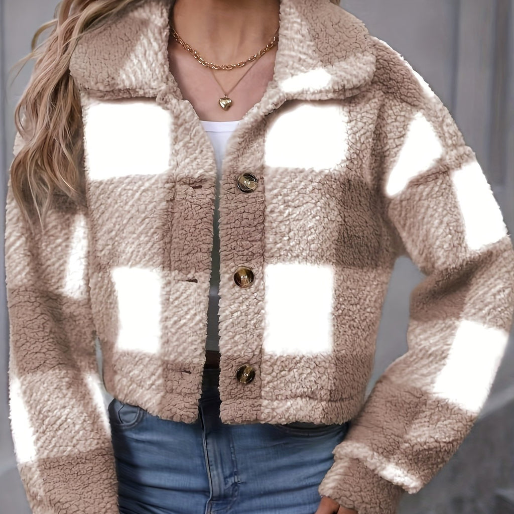Women's Soft Plaid Cropped Button-Down Jacket
