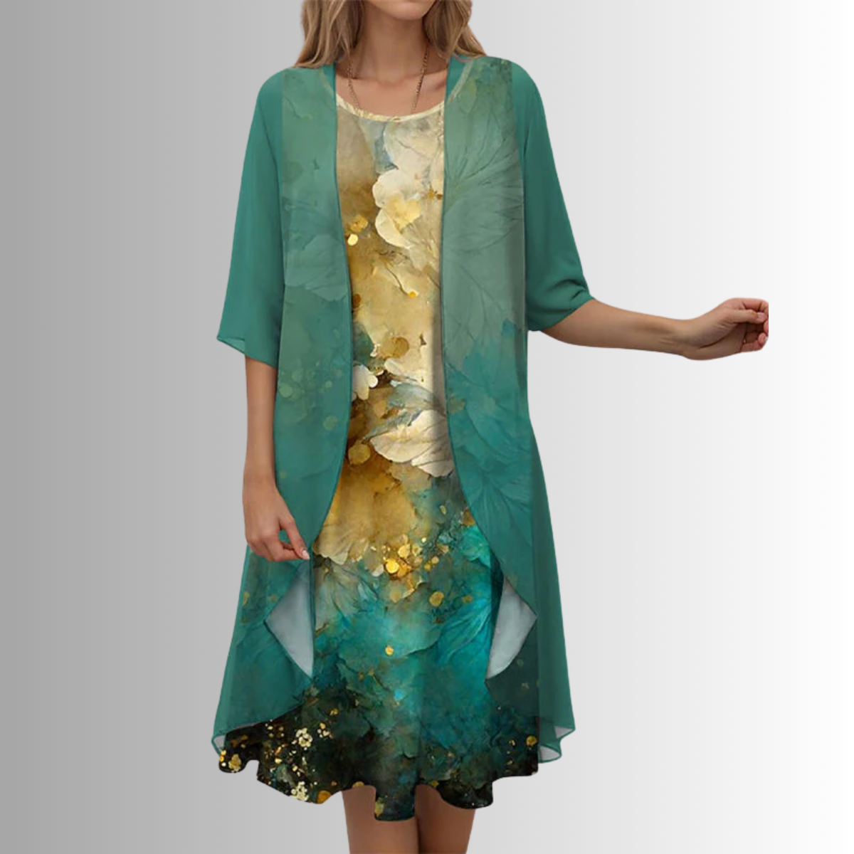 Women's Brunch Ready Floral Midi Dress with Cardigan Layer