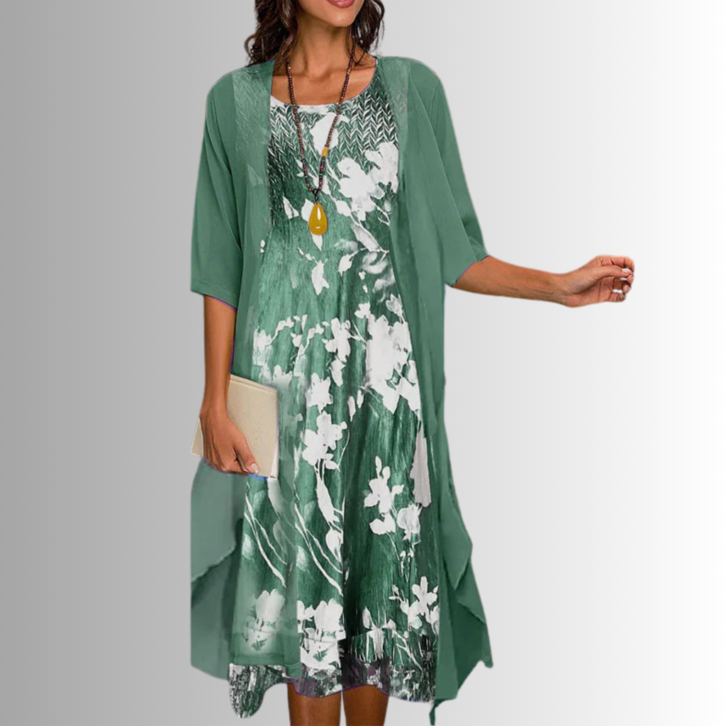 Women's Brunch Ready Floral Midi Dress with Cardigan Layer
