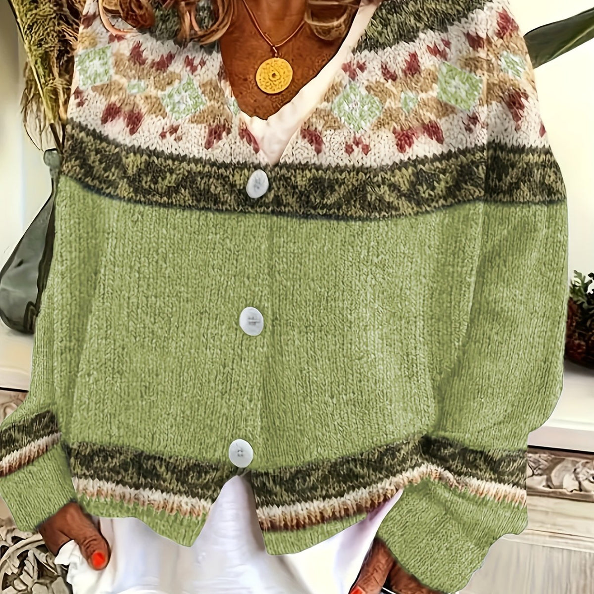 Women's Soft Knit Cardigan Sweater with Geometric Yoke Design