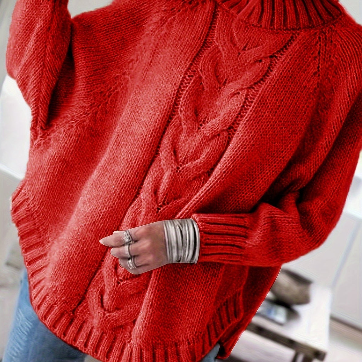 Women's Cozy Cable-Knit Turtleneck Relaxed Sweater
