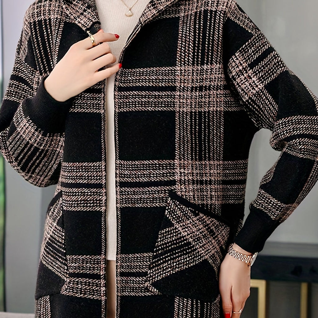 Women's Relaxed Check Print Hooded Zipper Jacket