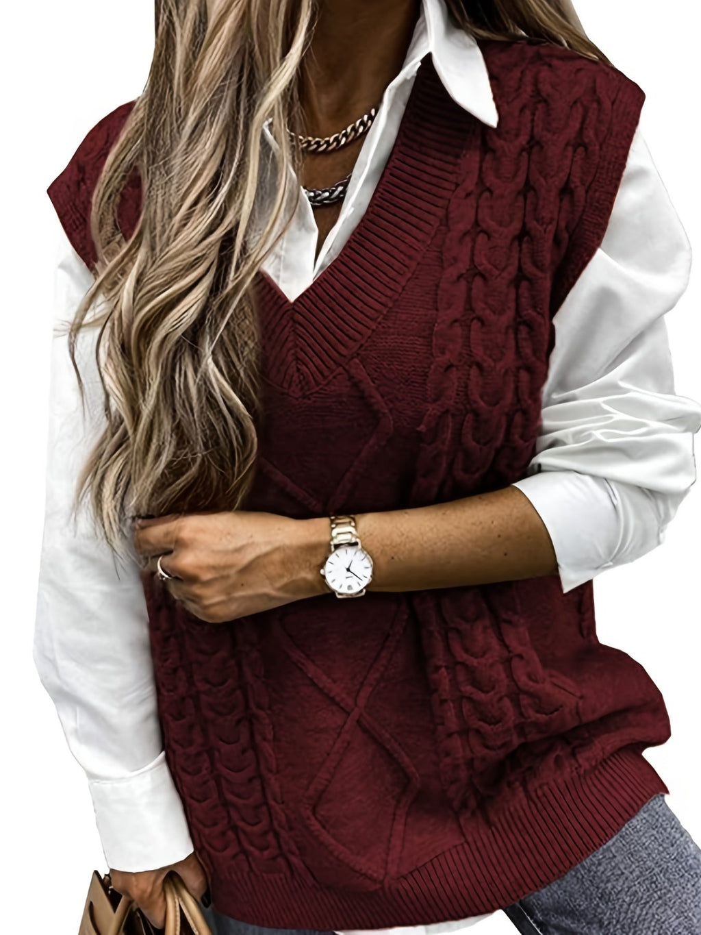 Women's Layering Knit Vest with Cable Pattern