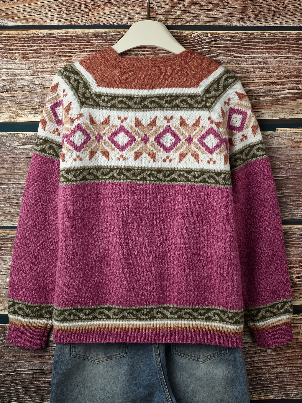 Women's Soft Knit Cardigan Sweater with Geometric Yoke Design