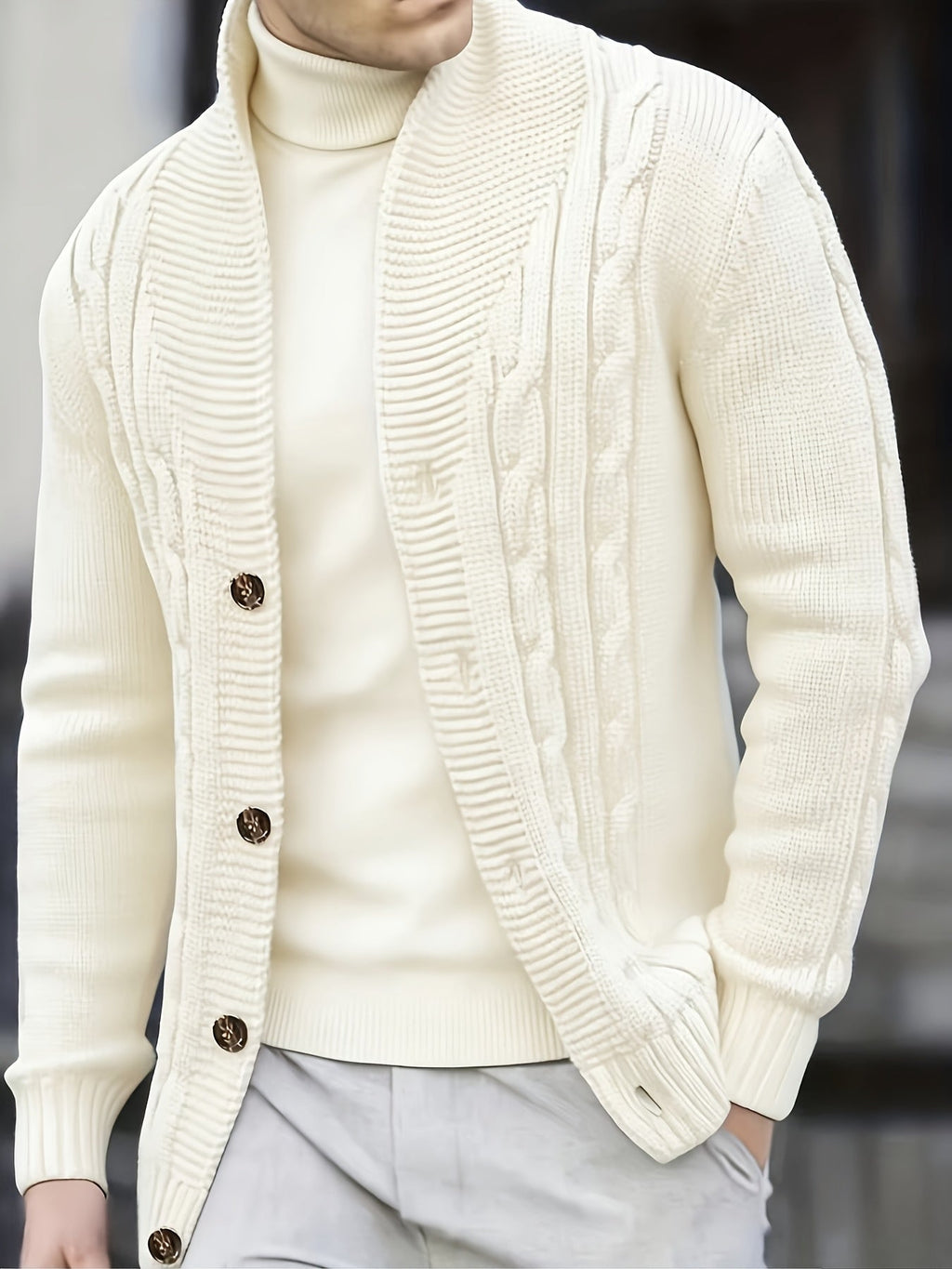 Men's Classic Shawl Neck Cable Knit Layering Cardigan