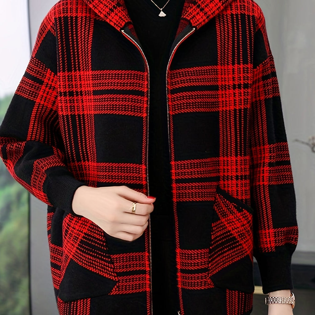 Women's Relaxed Check Print Hooded Zipper Jacket