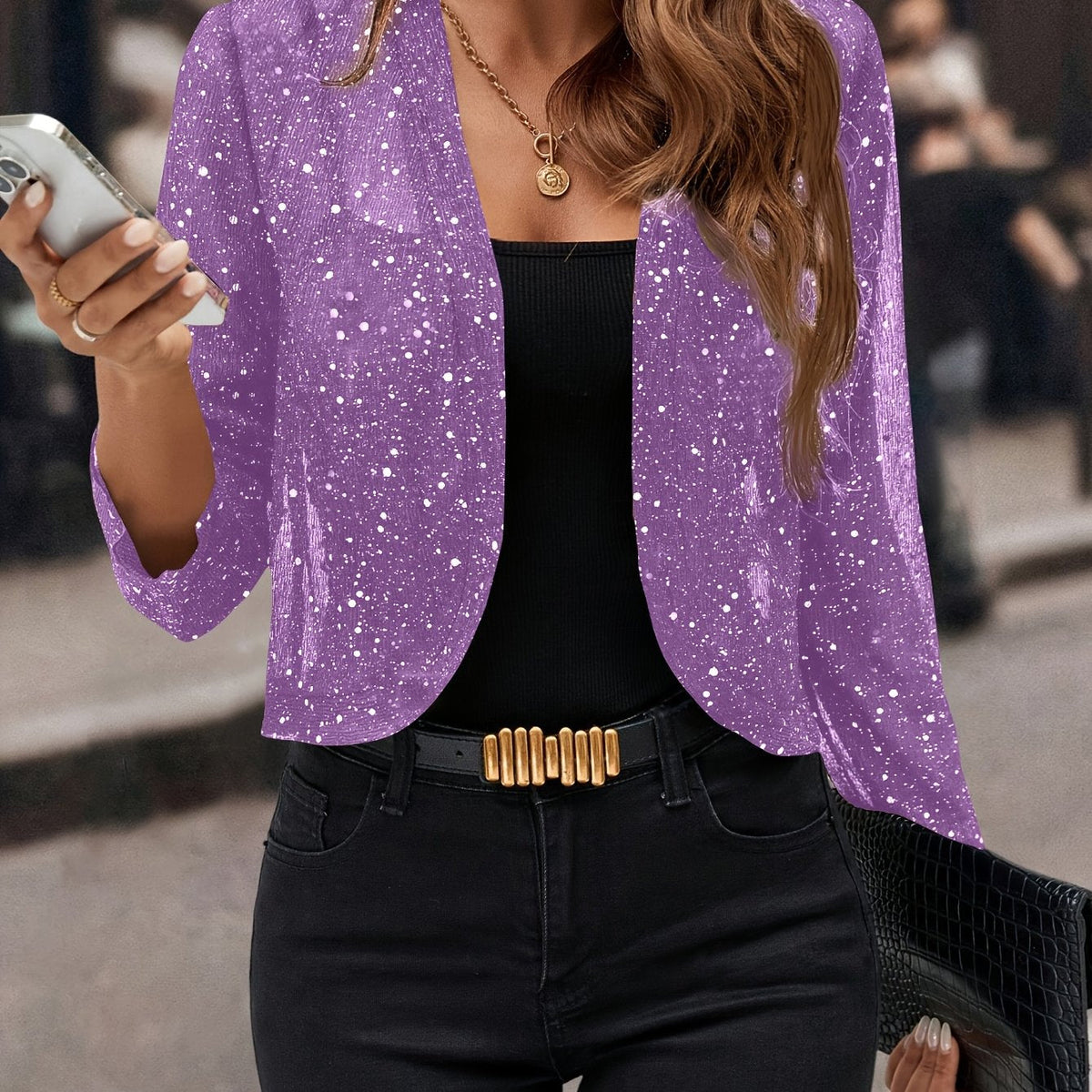 Women's Open-Front Cropped Jacket with Shimmer Finish