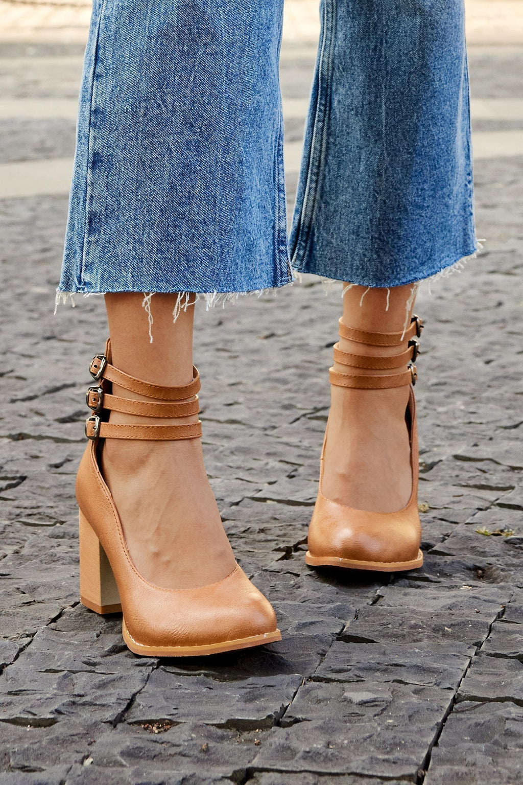 Women's Three-Strap Buckled Heeled Ankle Booties