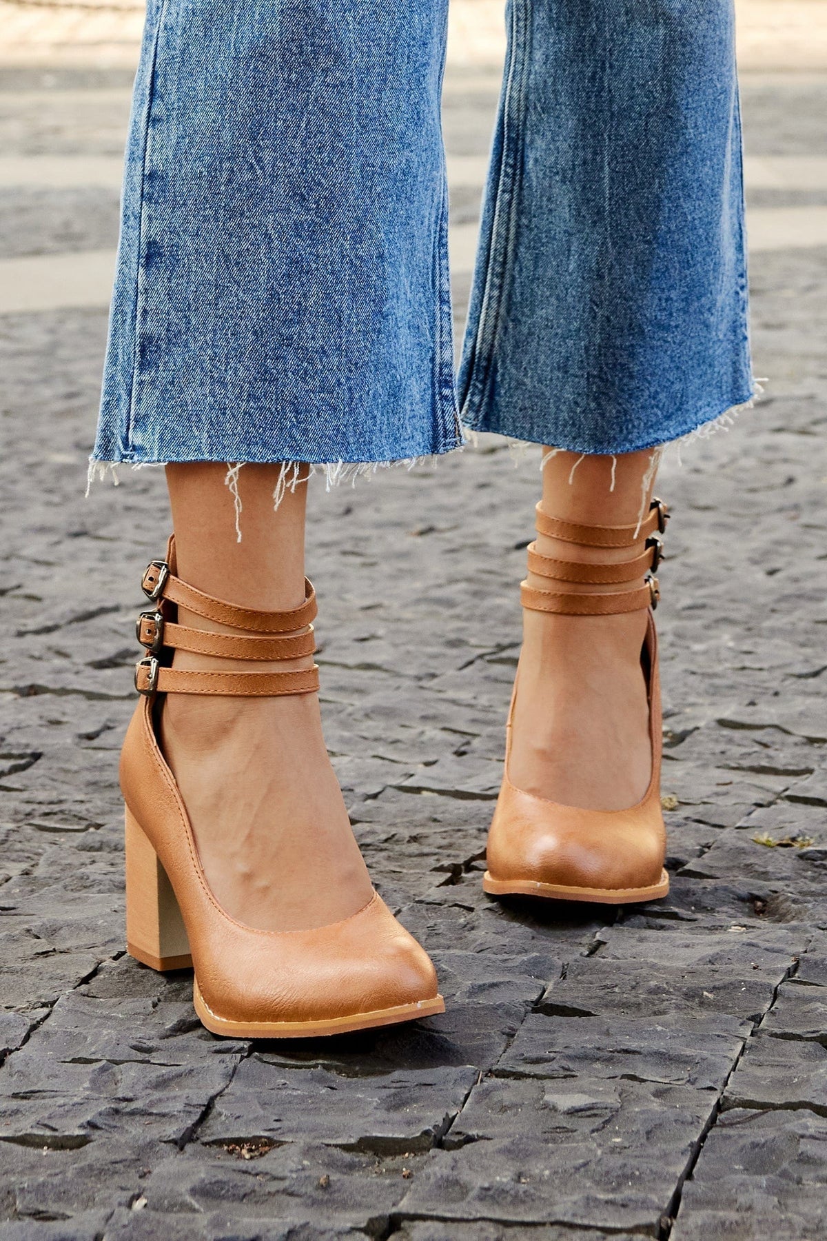 Women's Three-Strap Buckled Heeled Ankle Booties