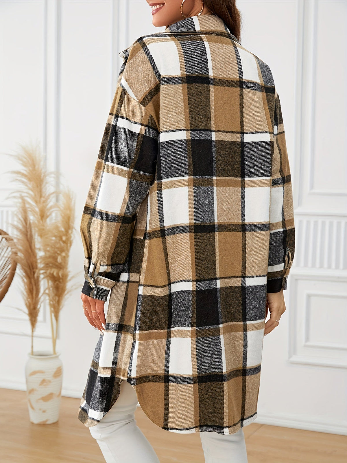Women's Chest Pocket Longline Plaid Overcoat