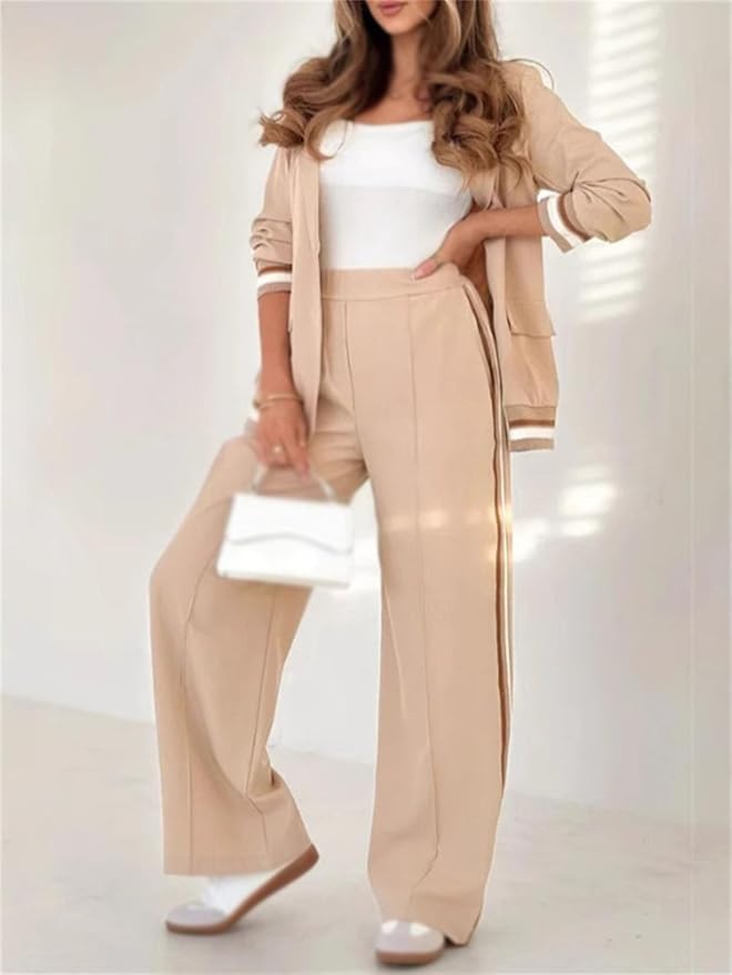 Women's Office Weekend Striped Trim Blazer Pantsuit Set