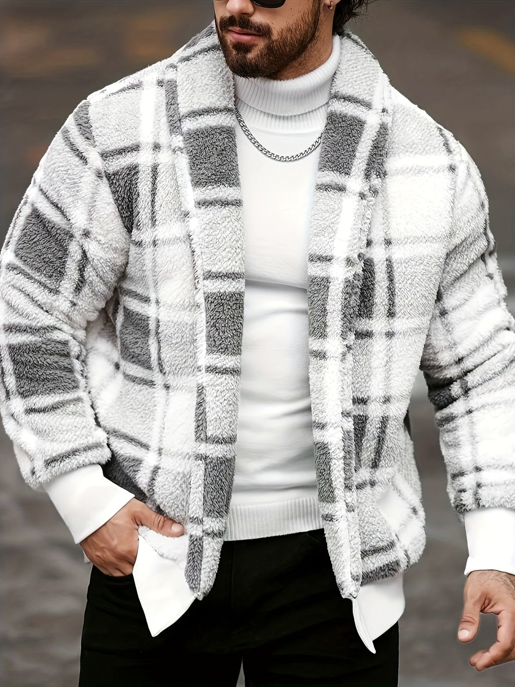Men's Cozy Plaid-Look Loose-Fit Brushed Jacket