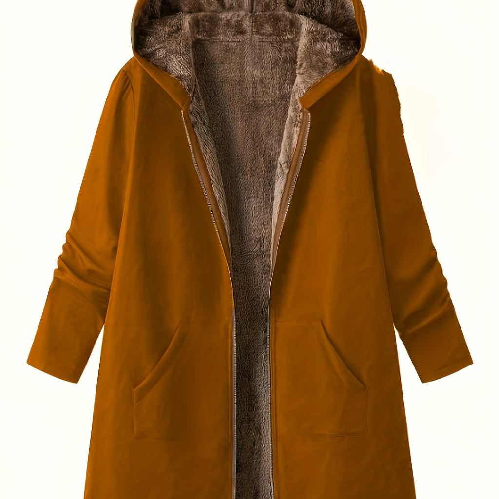 Women's Longline Zip-Front Coat with Soft Plush Hood