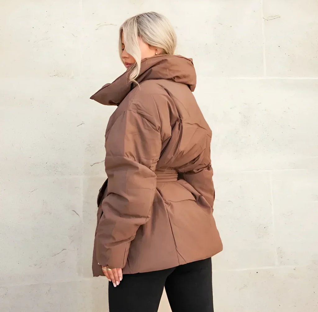 Women's Padded Belted Stand Collar Puffer Coat