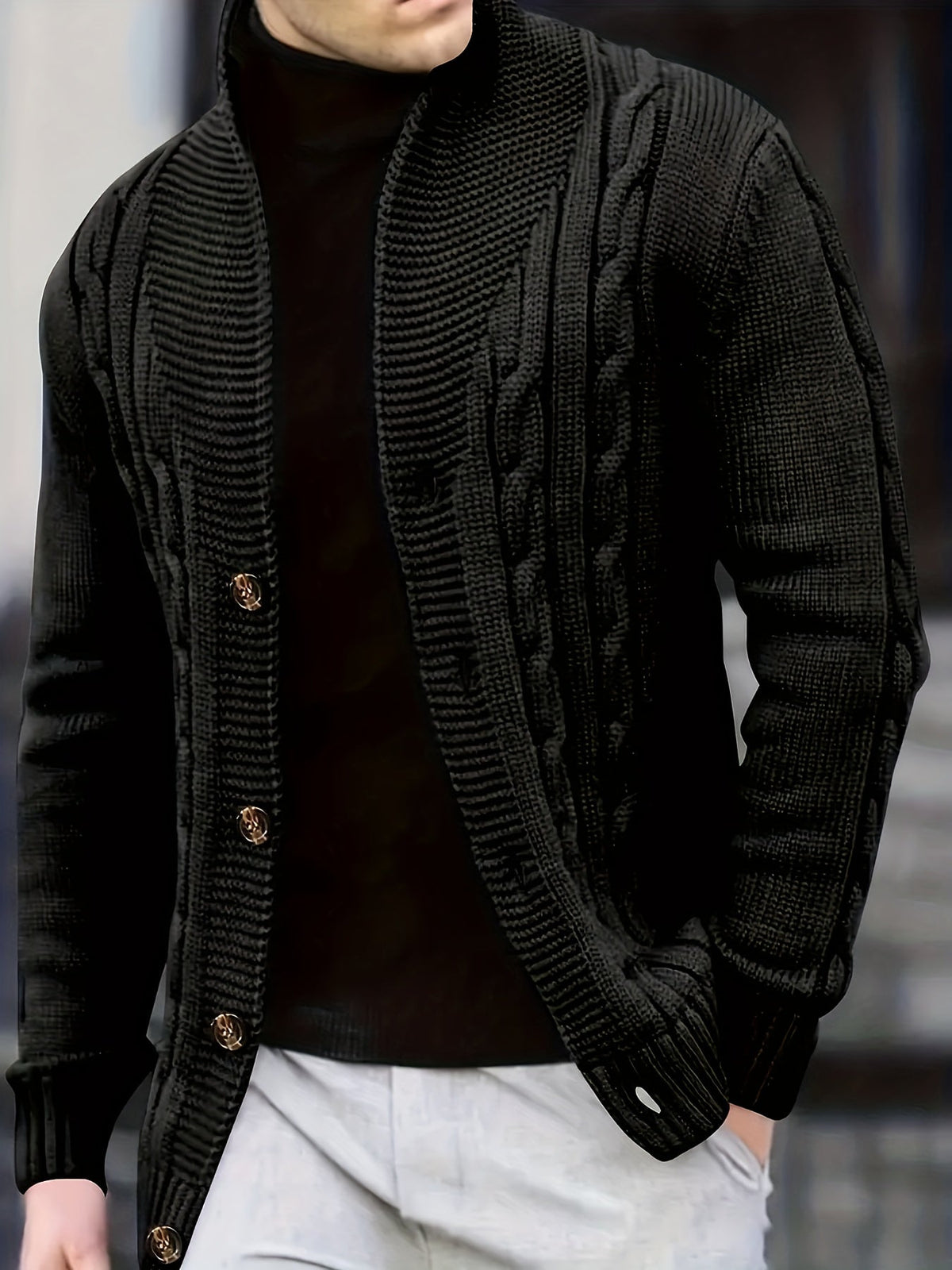 Men's Classic Shawl Neck Cable Knit Layering Cardigan