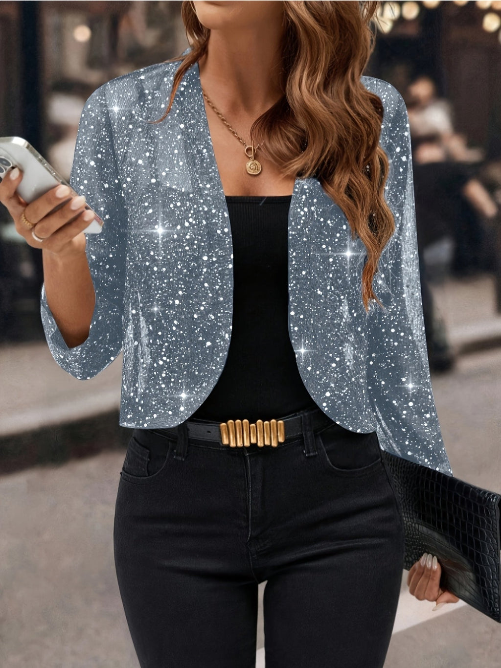 Women's Open-Front Cropped Jacket with Shimmer Finish