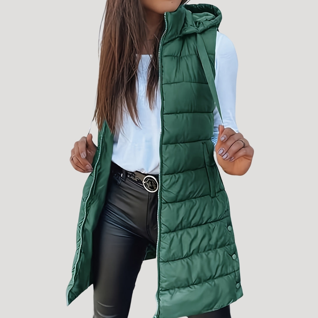 Women's Long Quilted Puffer Gilet with Hood