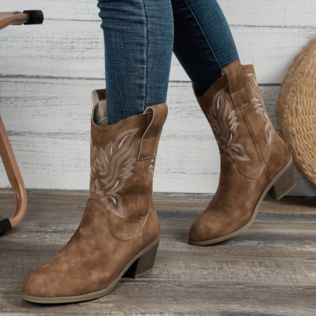 Women's Stacked Heel Wide Calf Embroidered Cowgirl Boots