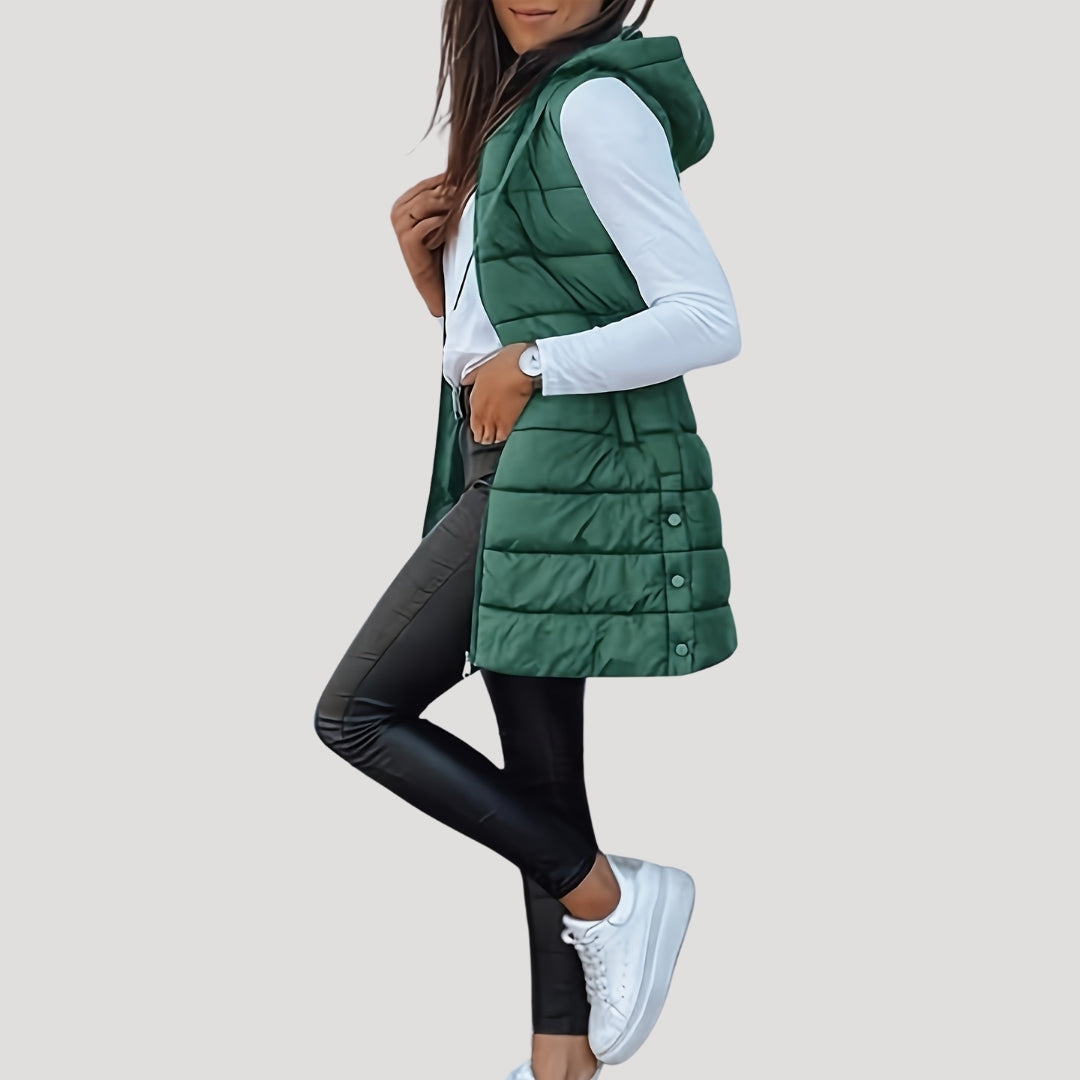 Women's Long Quilted Puffer Gilet with Hood