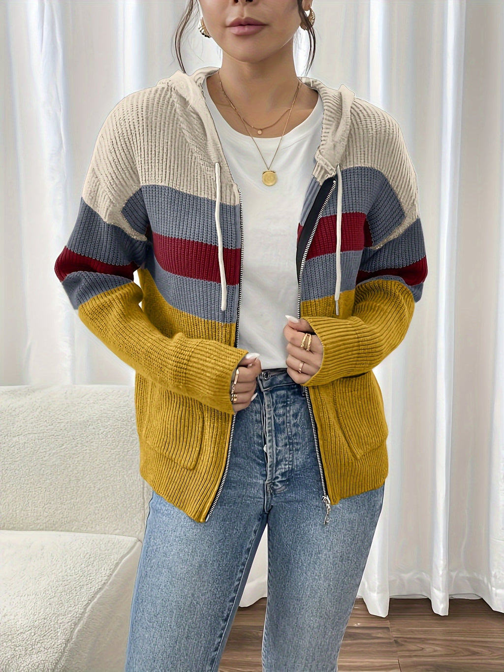 Women's Zip-Up Ribbed Hoodie Sweater Cardigan