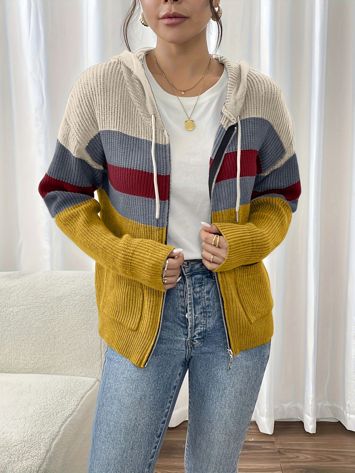 Women's Zip-Up Ribbed Hoodie Sweater Cardigan