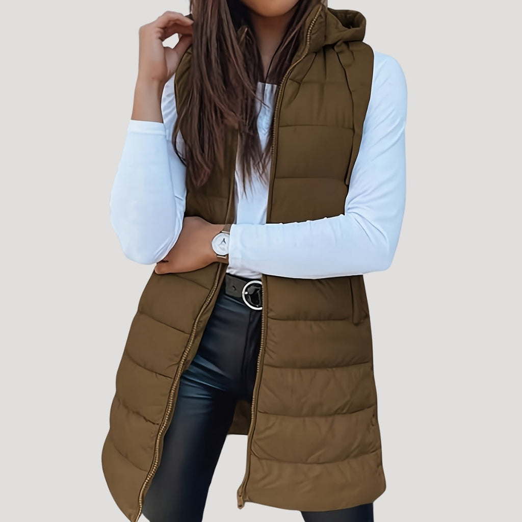 Women's Long Quilted Puffer Gilet with Hood