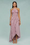 Women's Ruffle Trim Occasion Halter Midi Dress