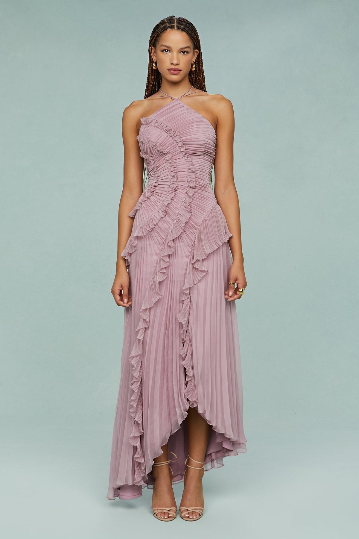 Women's Ruffle Trim Occasion Halter Midi Dress