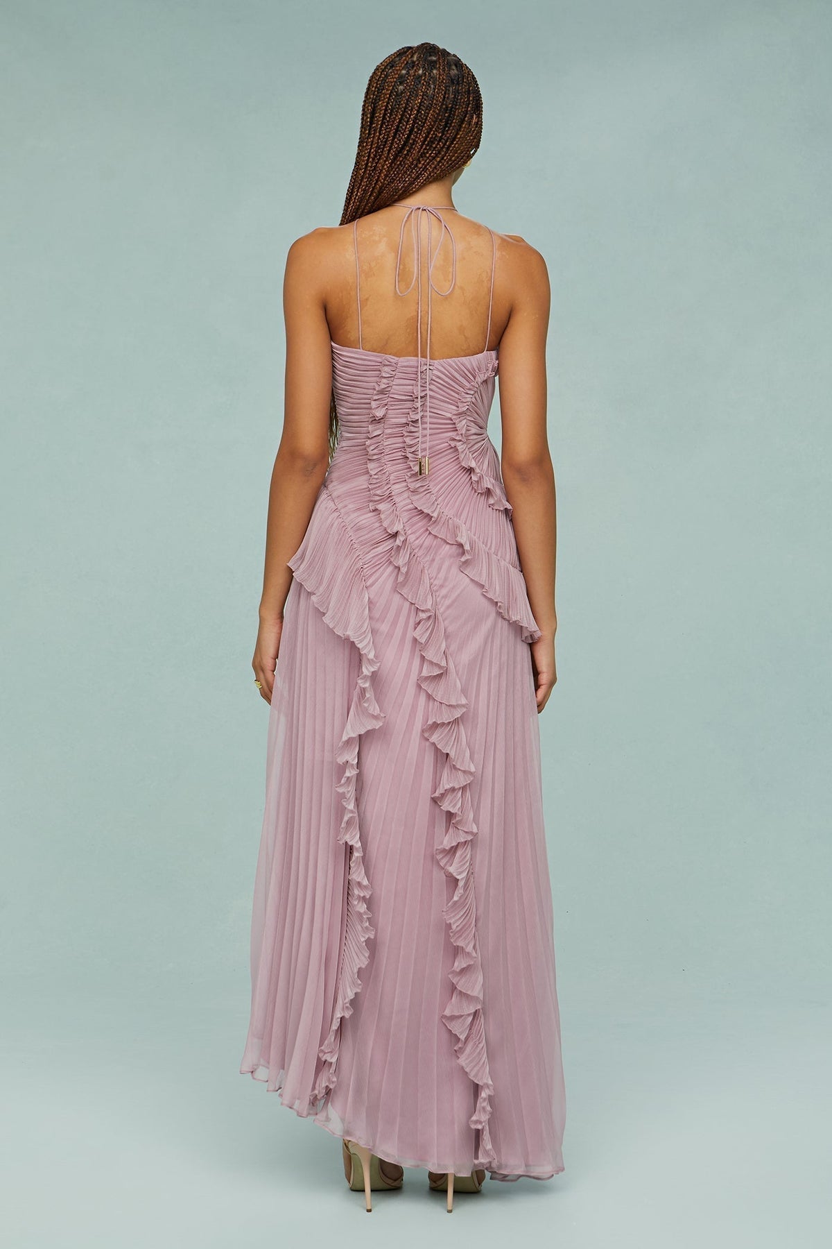 Women's Ruffle Trim Occasion Halter Midi Dress