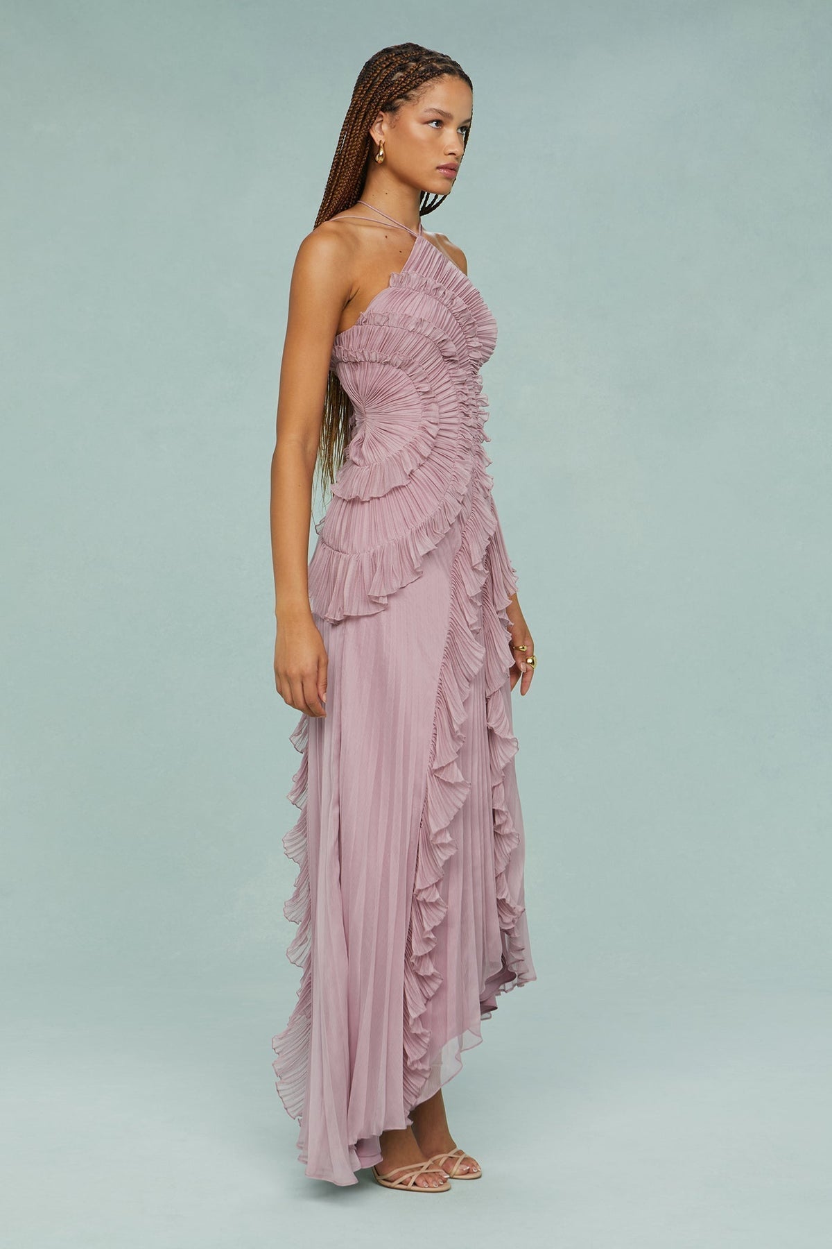 Women's Ruffle Trim Occasion Halter Midi Dress