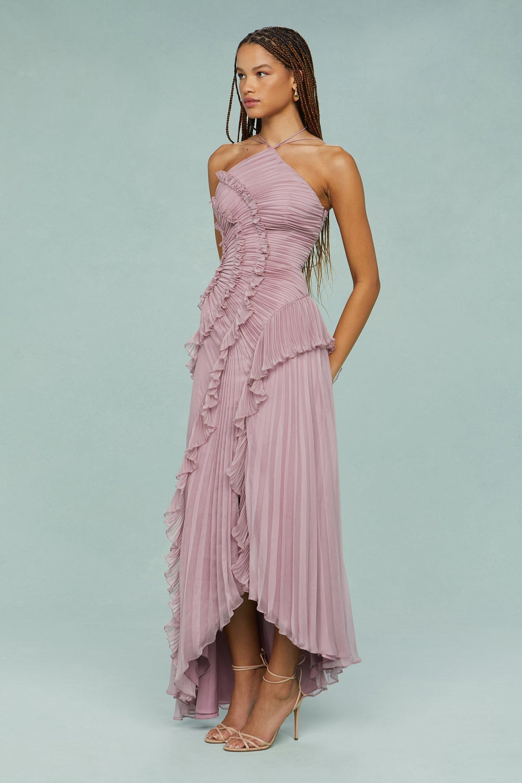 Women's Ruffle Trim Occasion Halter Midi Dress
