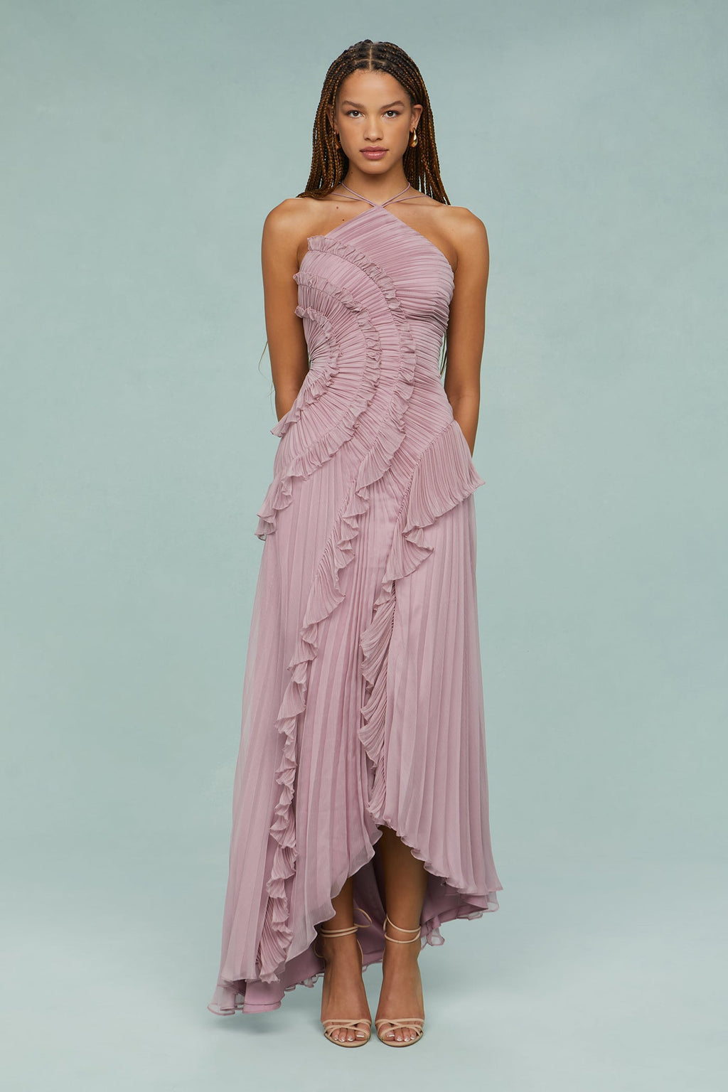 Women's Ruffle Trim Occasion Halter Midi Dress