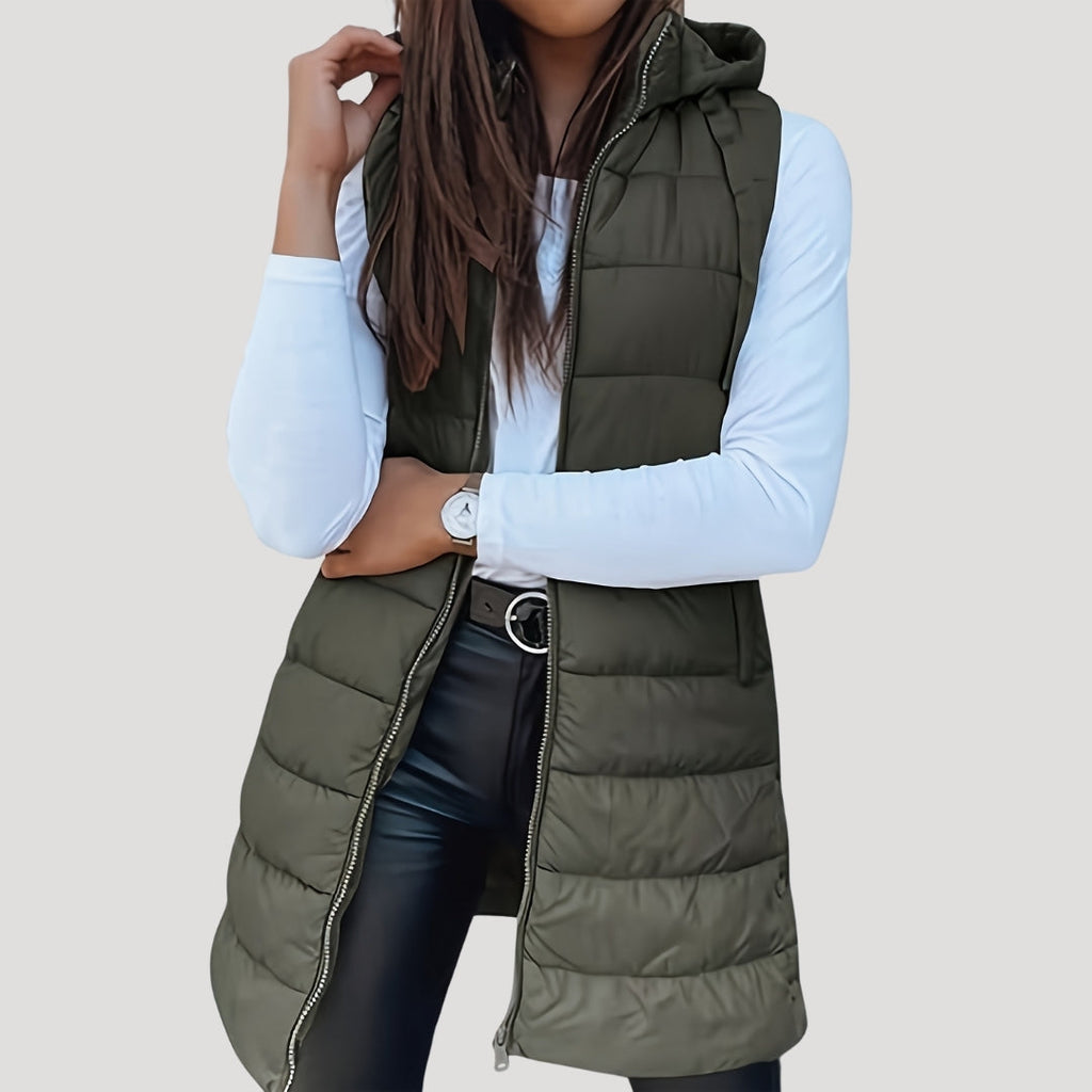 Women's Long Quilted Puffer Gilet with Hood