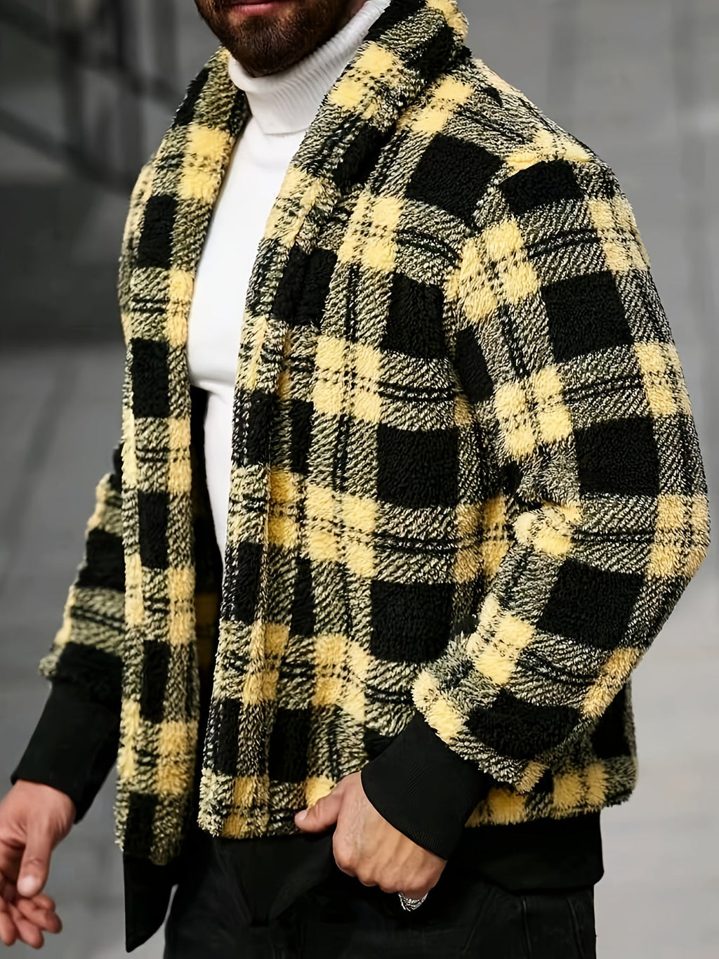 Men's Cozy Plaid-Look Loose-Fit Brushed Jacket