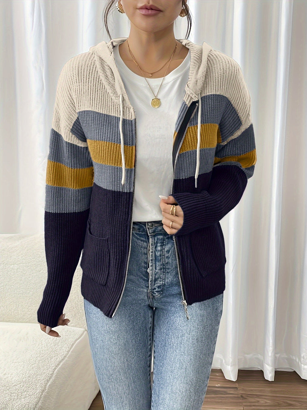 Women's Zip-Up Ribbed Hoodie Sweater Cardigan