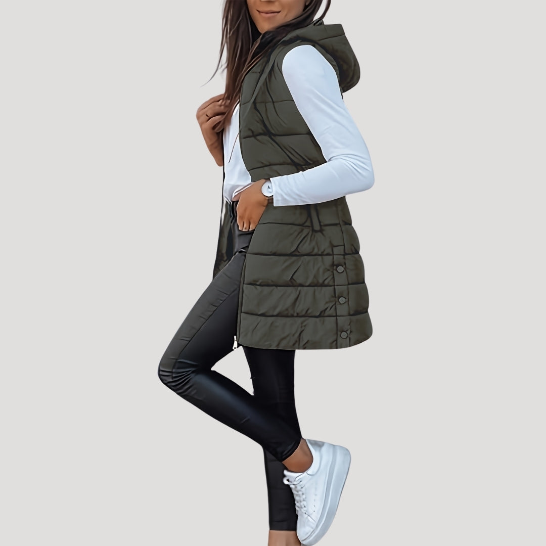 Women's Long Quilted Puffer Gilet with Hood