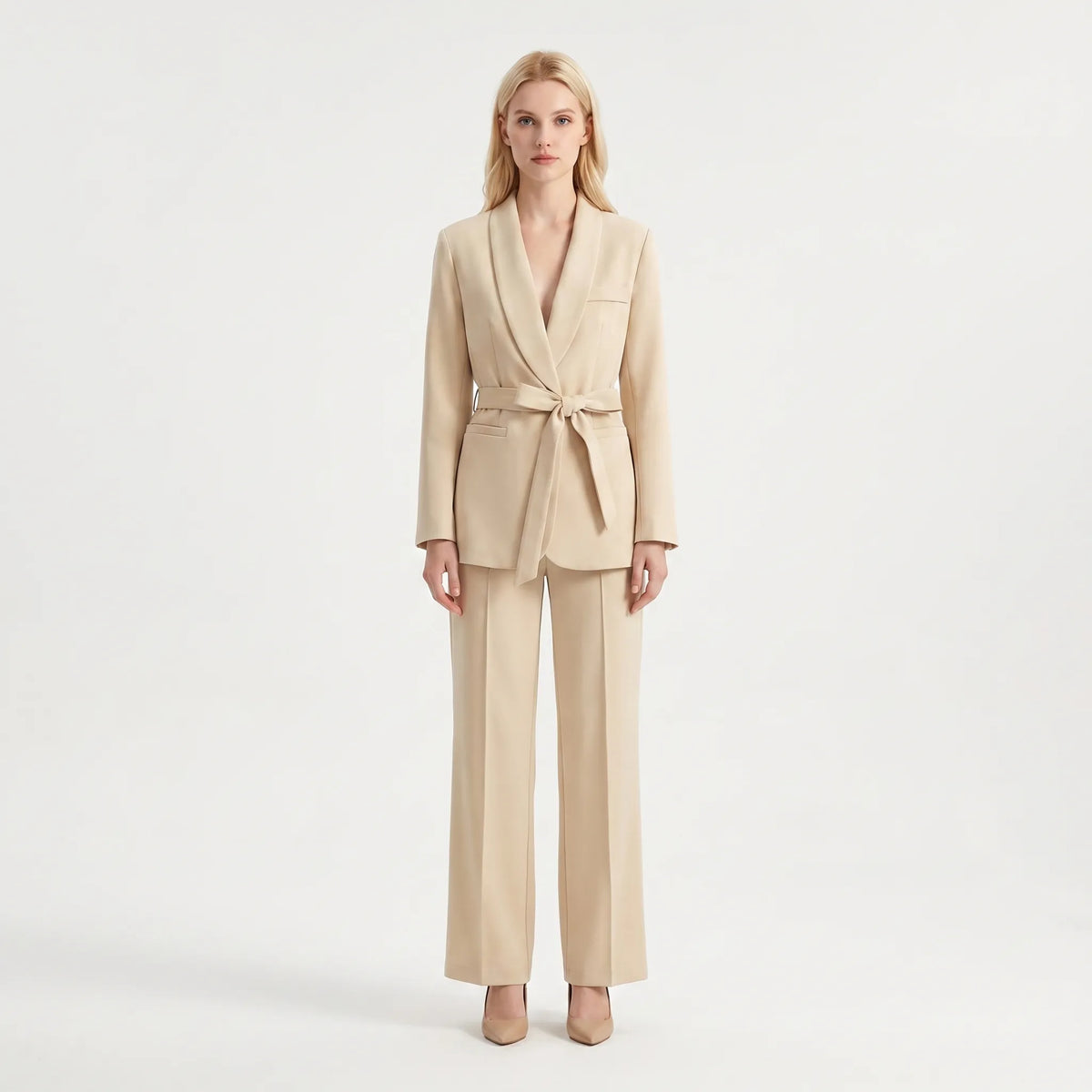 Women's Feminine Flowing Wide-Leg Pants Belted Suit Set
