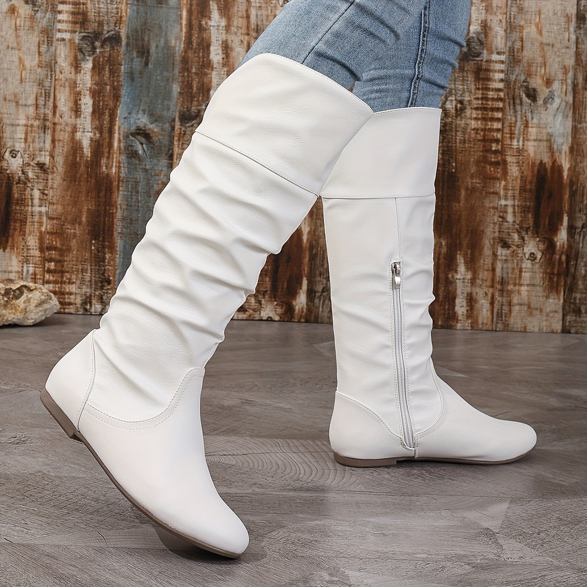 Women's Flat Sole Slouchy Knee-High Boots with Round Toe