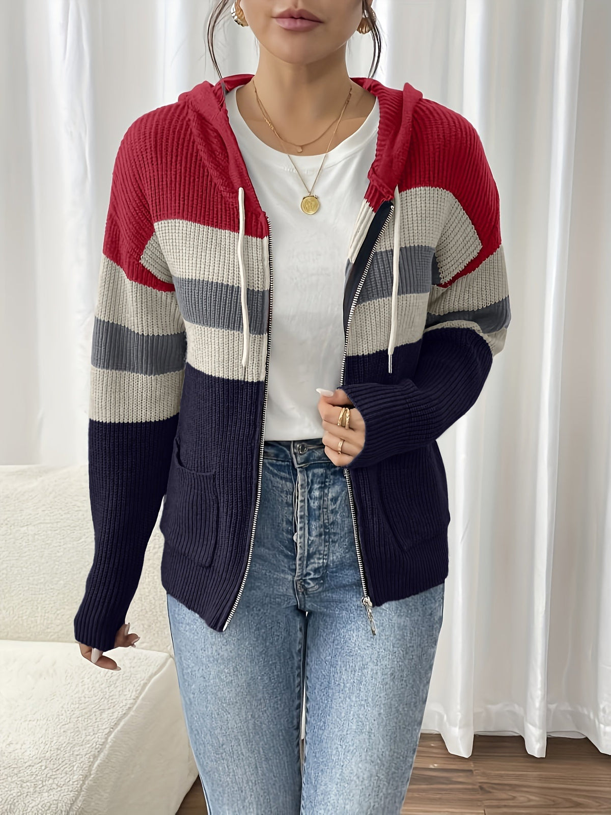 Women's Zip-Up Ribbed Hoodie Sweater Cardigan