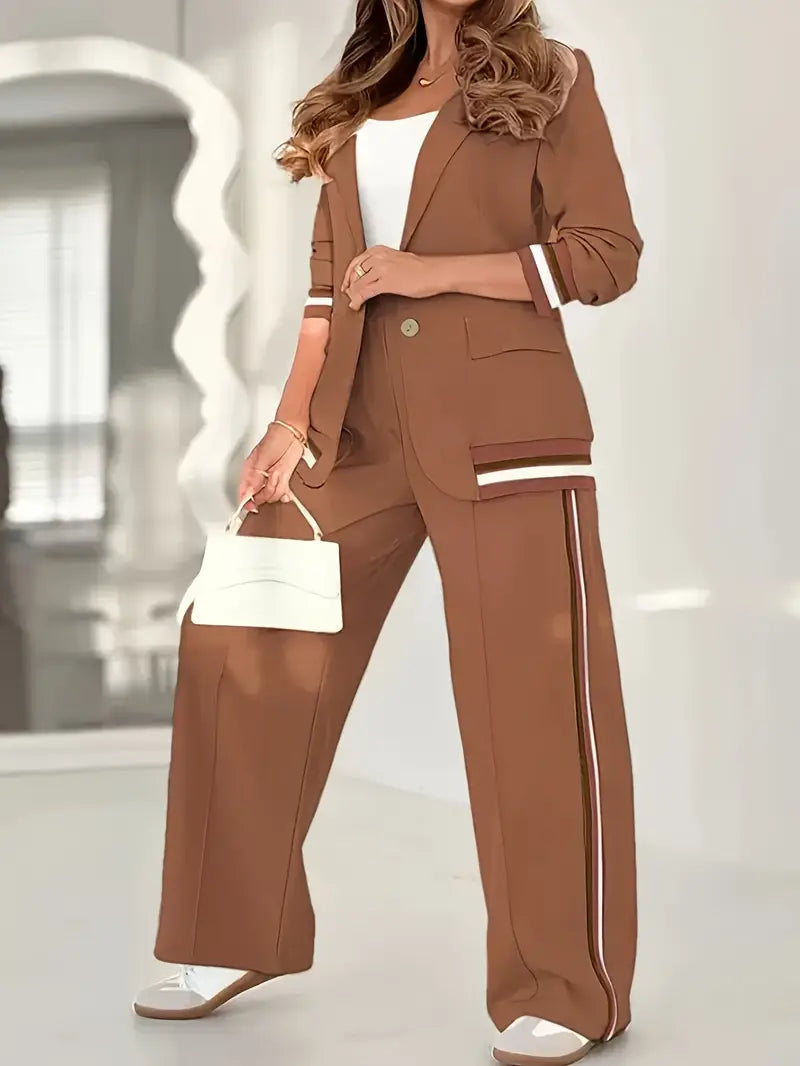 Women's Office Weekend Striped Trim Blazer Pantsuit Set