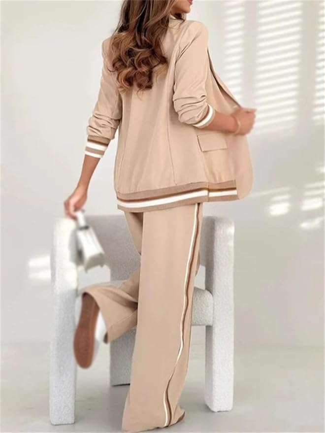 Women's Office Weekend Striped Trim Blazer Pantsuit Set