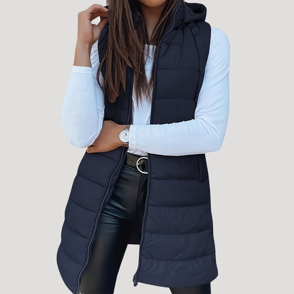 Women's Long Quilted Puffer Gilet with Hood