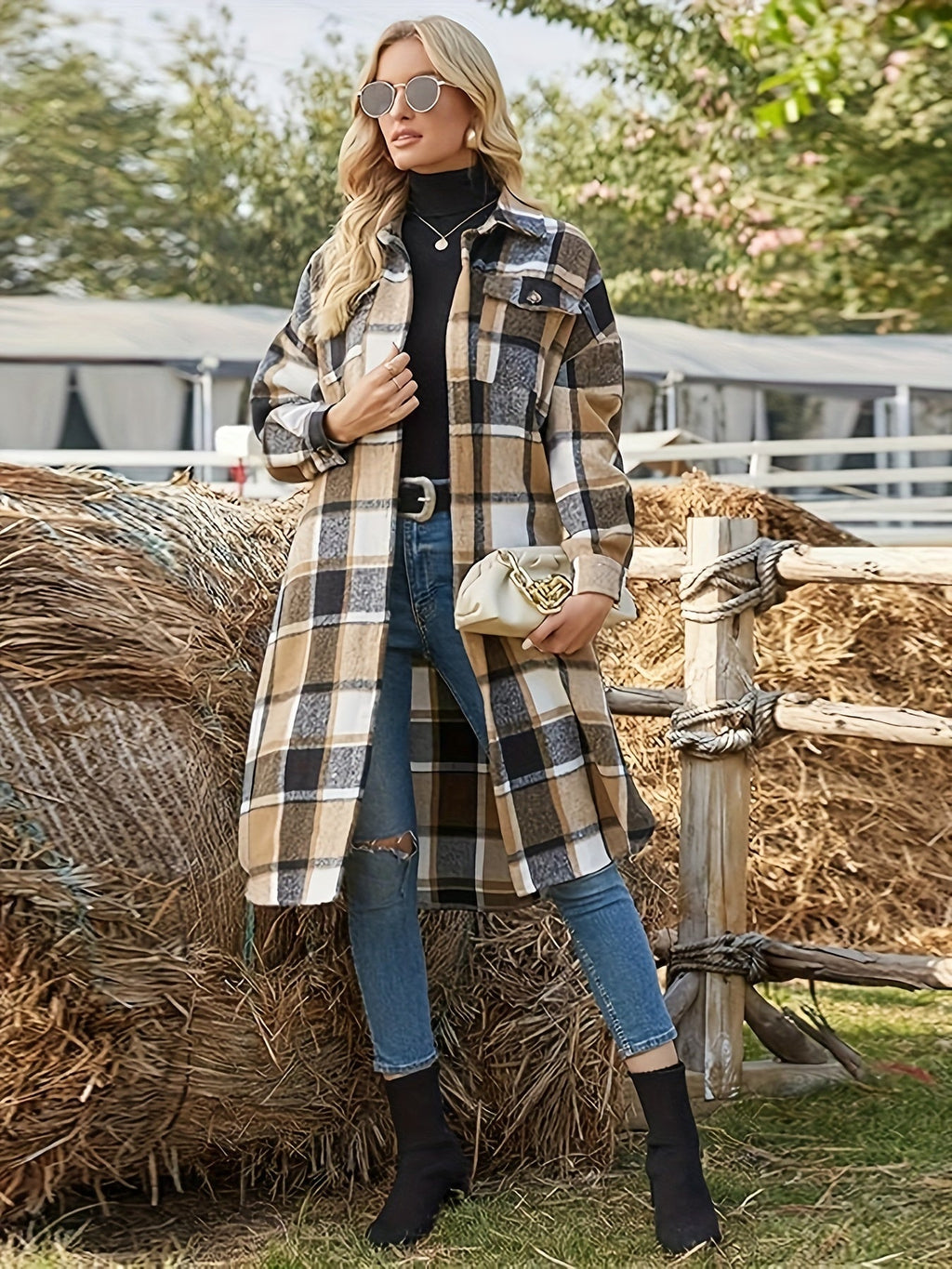 Women's Chest Pocket Longline Plaid Overcoat