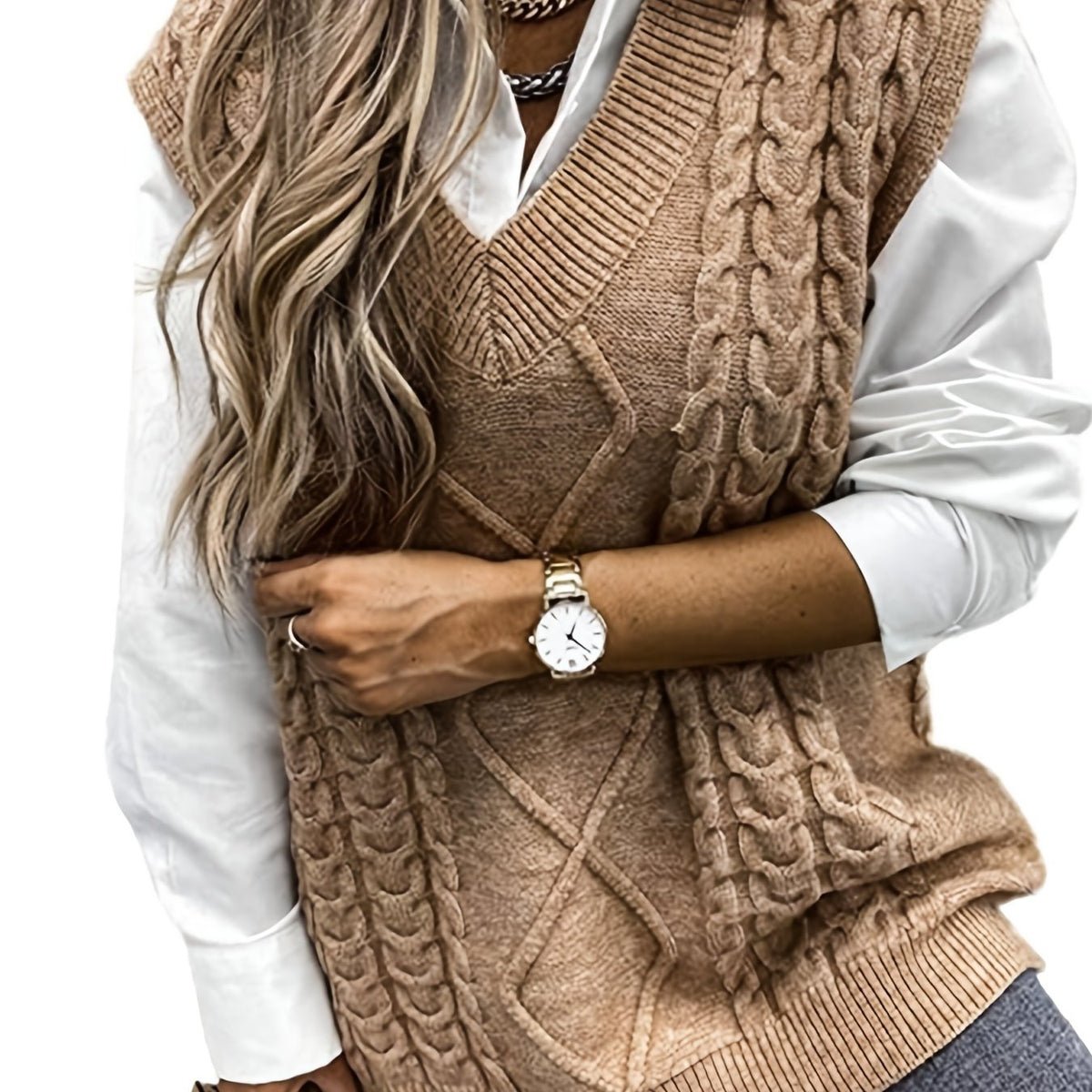 Women's Layering Knit Vest with Cable Pattern