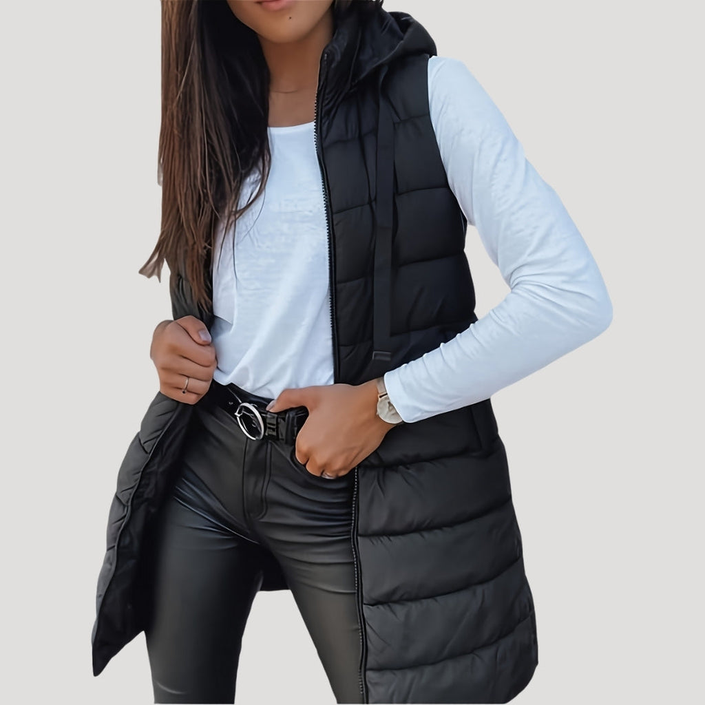 Women's Long Quilted Puffer Gilet with Hood