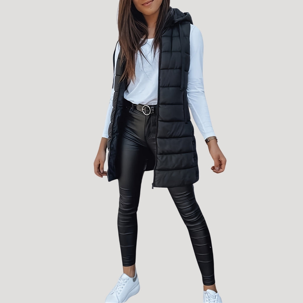 Women's Long Quilted Puffer Gilet with Hood