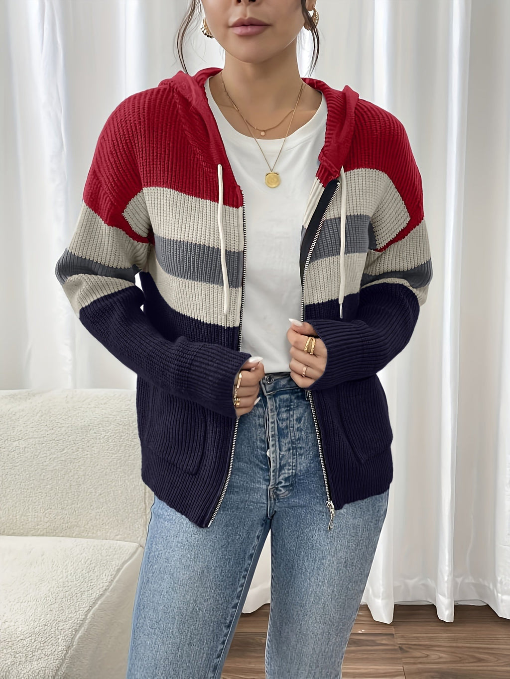 Women's Zip-Up Ribbed Hoodie Sweater Cardigan