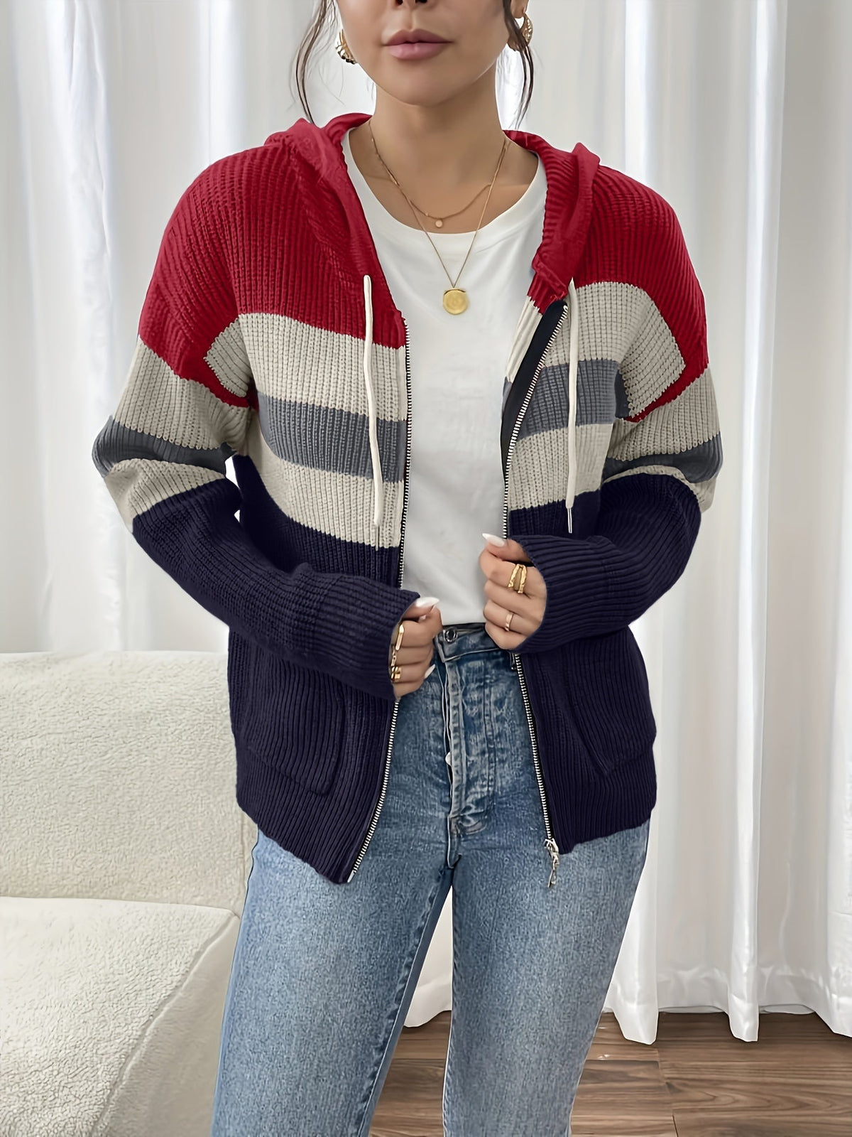 Women's Zip-Up Ribbed Hoodie Sweater Cardigan